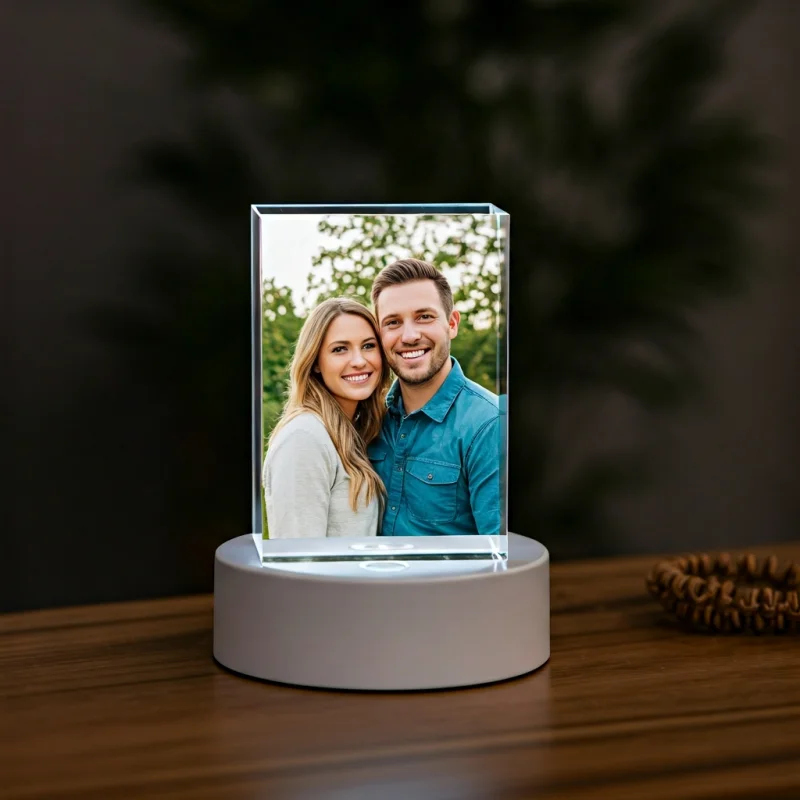 Un cristallo fotografico personalizzato che mostra una coppia sorridente, posizionato su una base illuminata.
