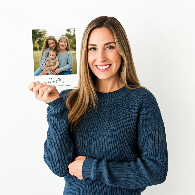 Smiling mom holding a personalized acrylic photo plaque with family photo and custom text.