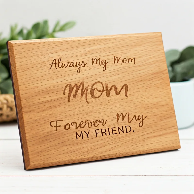 Close-up of a personalized wood photo plaque showing custom text 'Always My Mom, Forever My Friend.'
