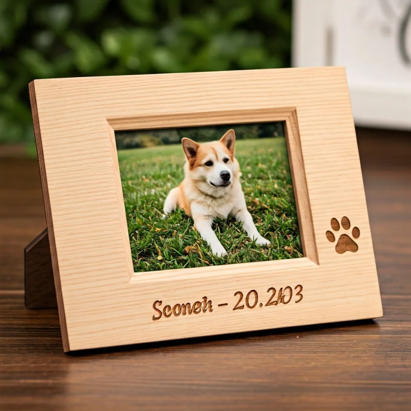 Cornice fotografica in legno con spazio per la foto di un animale domestico e impronta di zampa, incisa con il nome e le date di un cane.