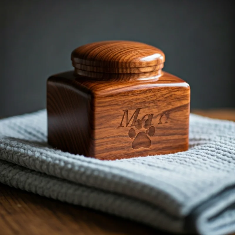 A beautifully crafted wooden urn with an engraved paw print and the name 'Max' on a soft blanket.