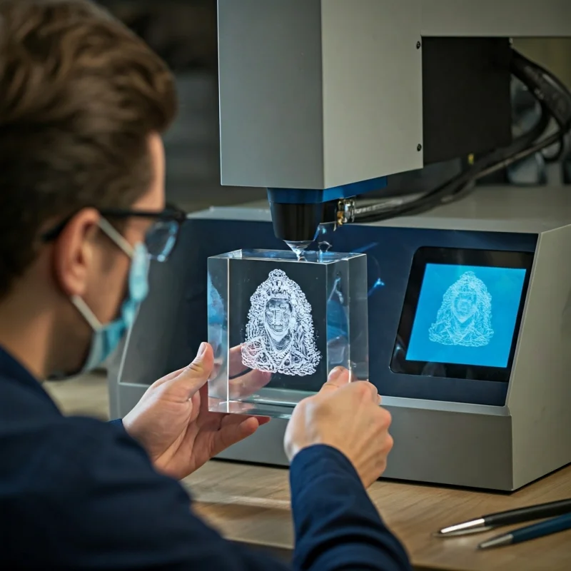 A technician overseeing a laser engraving machine precisely etching an image inside a clear crystal block.