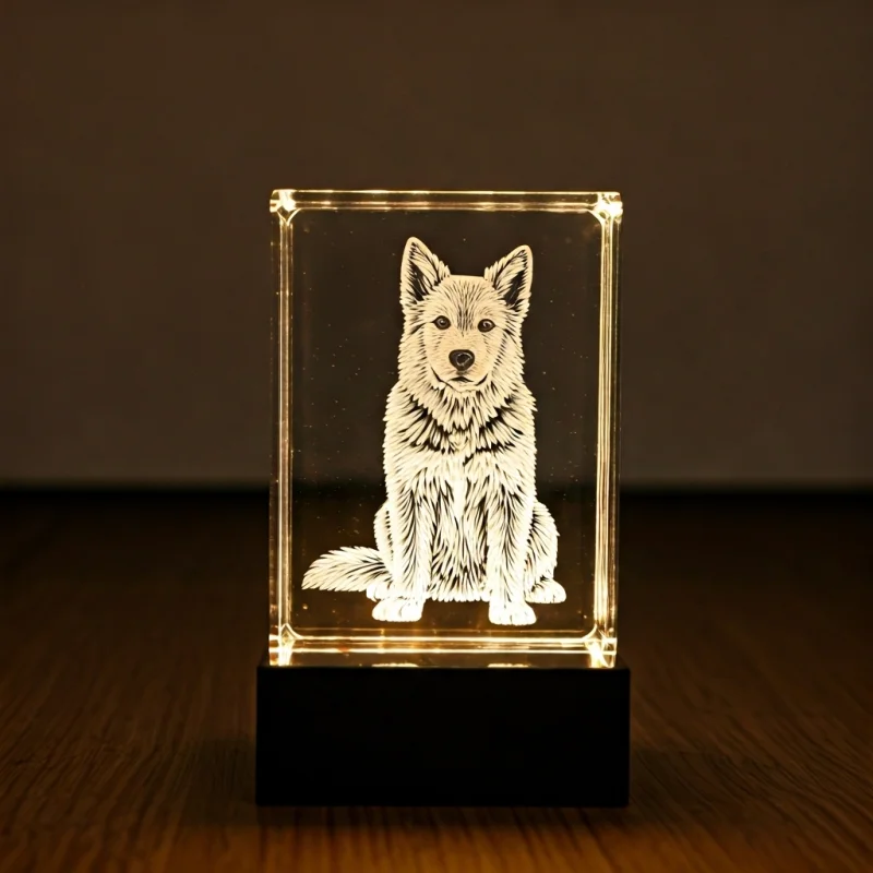 A clear 3D laser engraved crystal block showing a detailed rendering of a dog inside, illuminated by a warm LED light from below.