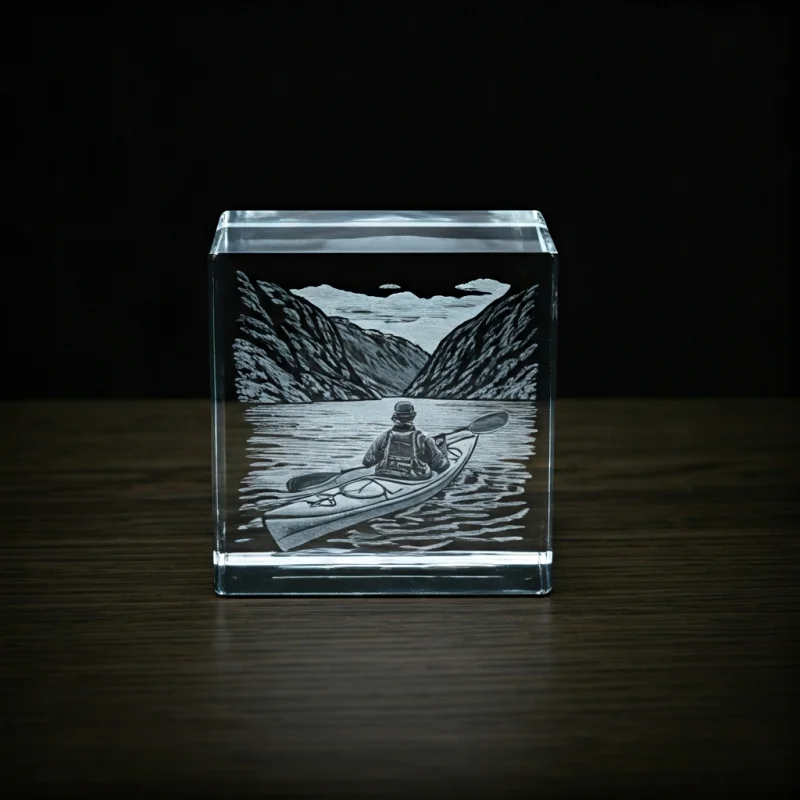 Laser engraved crystal depicting a kayak paddling through a Norwegian fjord, viewed from above.