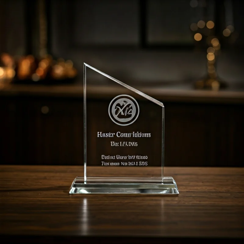 Laser-engraved crystal award with company logo and recipient name