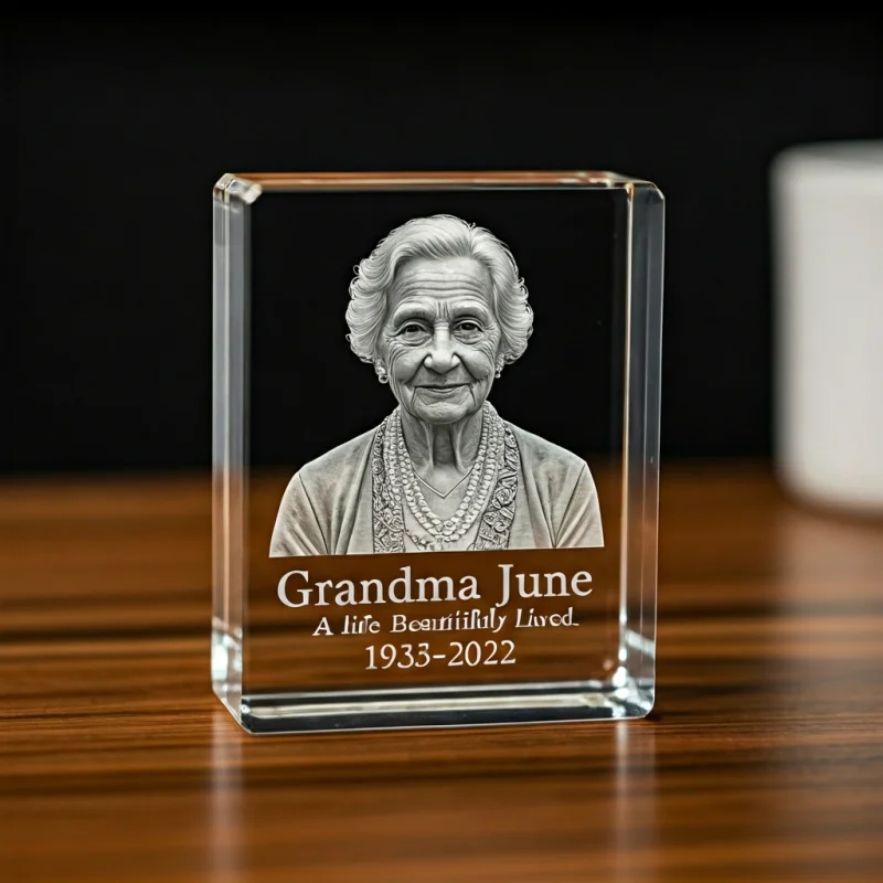 A laser-engraved crystal block featuring a 3D portrait of an elderly woman, with text 'Grandma June - A life beautifully lived. 1935-2022' inscribed below. The crystal sits on a polished wooden surface.
