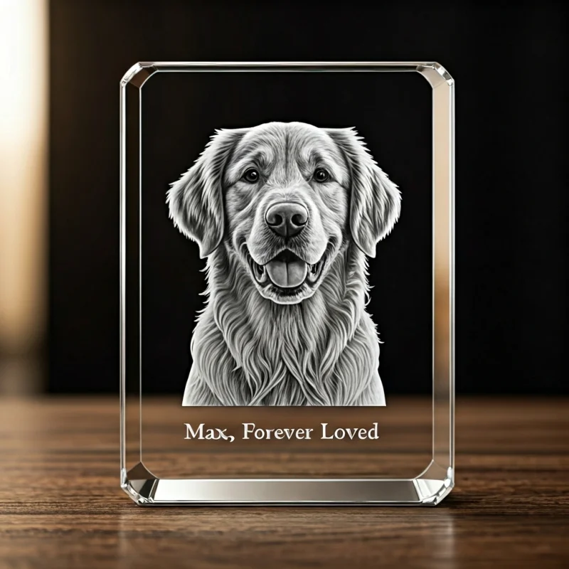 A 3x4 inch rectangular laser engraved crystal showing a 3D image of a golden retriever dog named Max, with 'Max, Forever Loved' inscribed below.