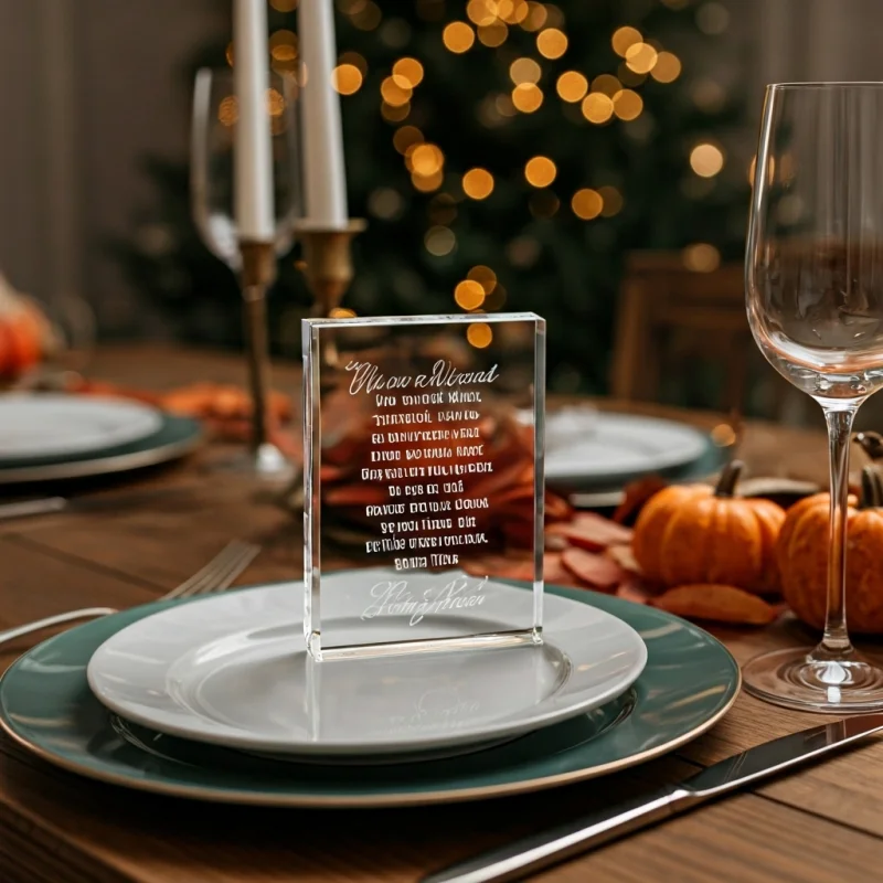 Laser-engraved crystal display with a quote, sitting at a beautifully set Thanksgiving table with a plate and silverware.