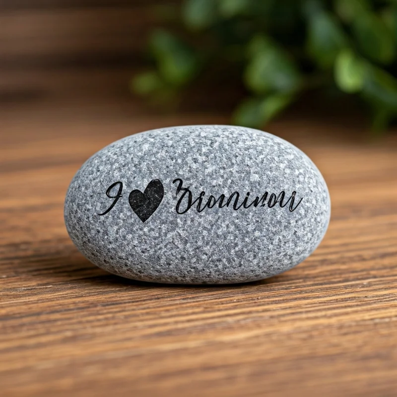 Custom engraved river stone with a couple's names and a heart graphic
