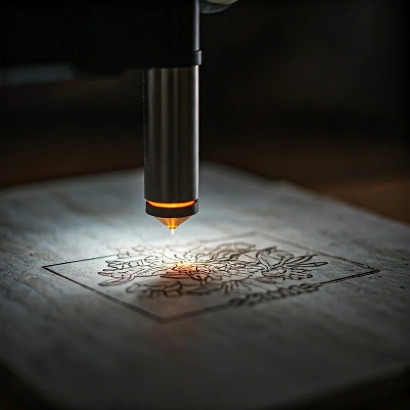 Close-up of a laser machine engraving a detailed image onto a flat stone surface