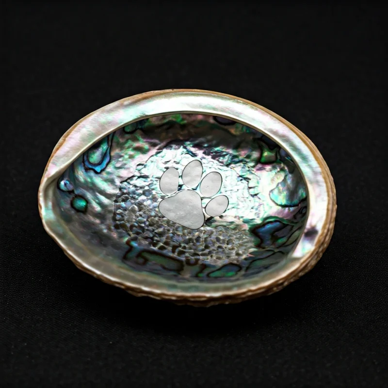Laser engraved paw print on iridescent abalone shell.