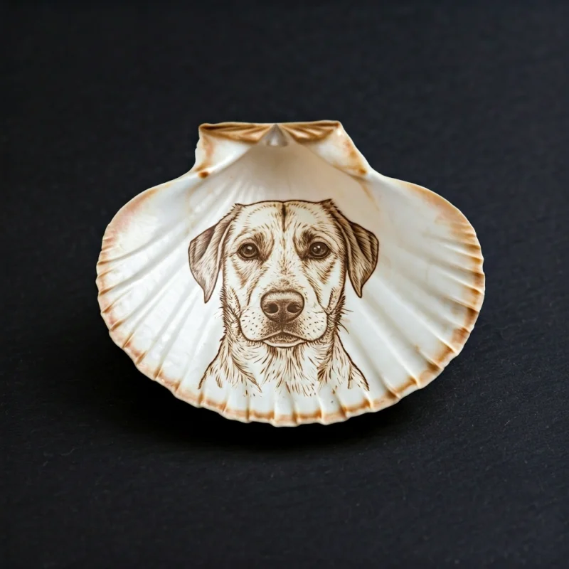 Laser engraved portrait of a dog on a trochus shell.
