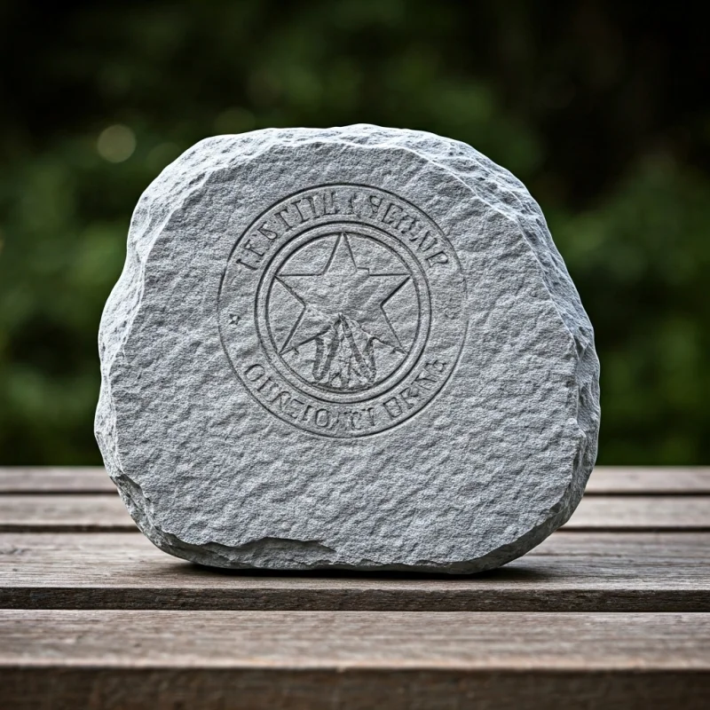 Memorial stone with an engraved military emblem and text