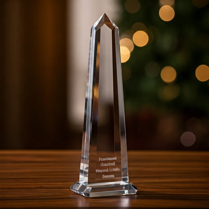 Tall 8-inch optical crystal obelisk award, laser engraved with employee name and 'President's Circle'