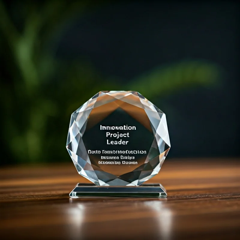 Faceted optical crystal diamond award, laser engraved with project name and 'Innovation Leader'