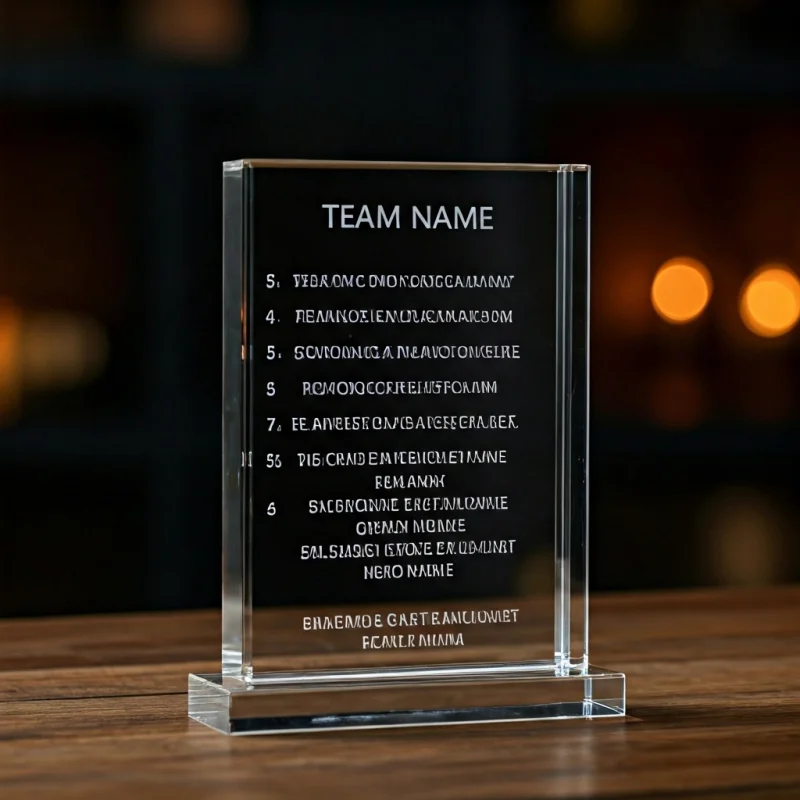 6x8 inch rectangular optical crystal plaque, engraved with team name and revenue growth metric