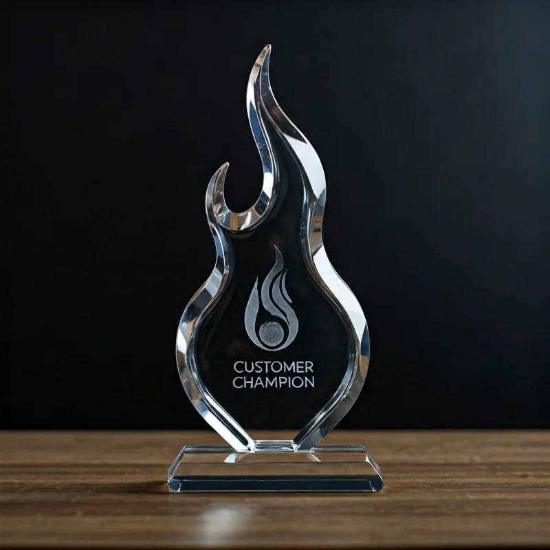 9-inch optical crystal flame award, laser engraved with 'Customer Champion' title
