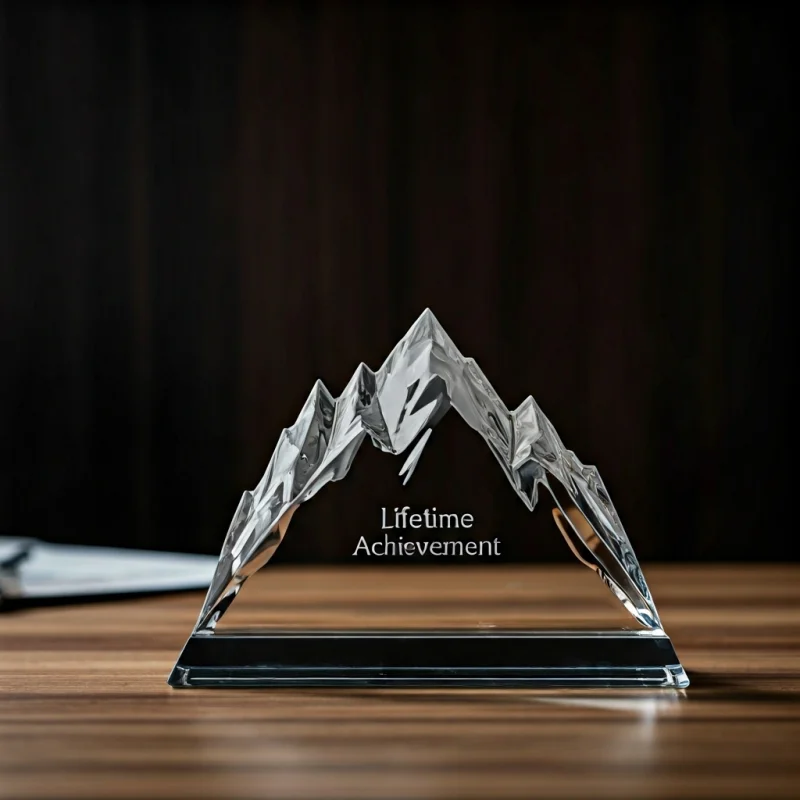 Multi-faceted optical crystal mountain peak award, engraved with 'Lifetime Achievement'