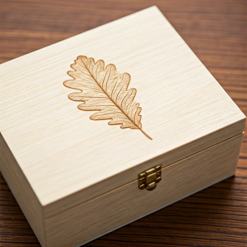Example design combining an oak leaf and a stylized feather engraving on a light wooden box.