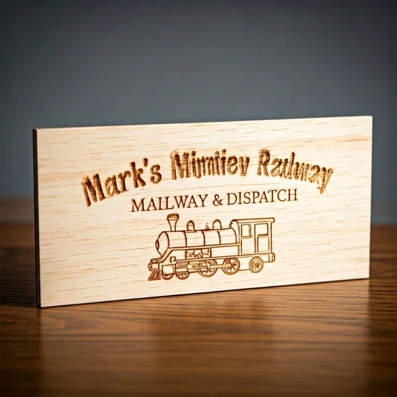 Close-up of a laser-engraved birch ply sign reading 'Mark's Miniature Railway & Dispatch' with a small locomotive silhouette.