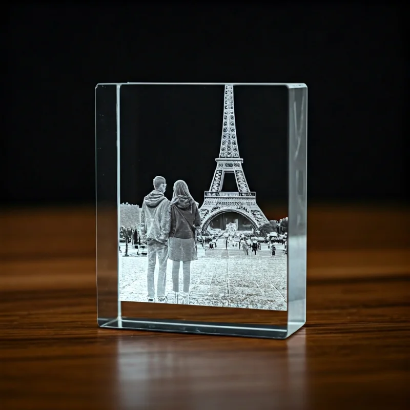 3D laser engraved crystal block with a travel photo of a couple by the Eiffel Tower