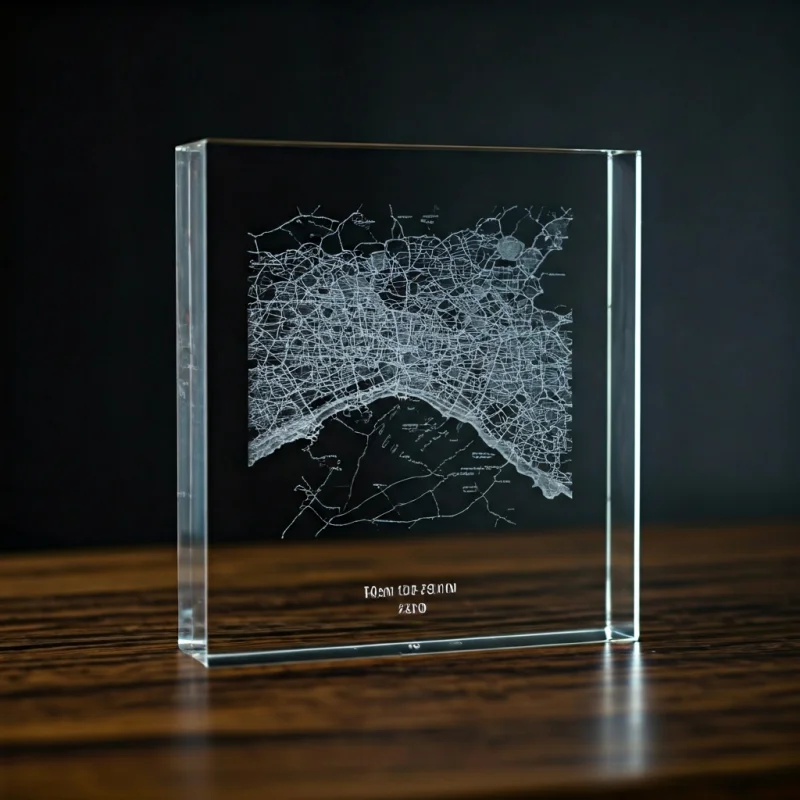 2D laser engraved crystal slab showing a map of Rome with specific coordinates and a date