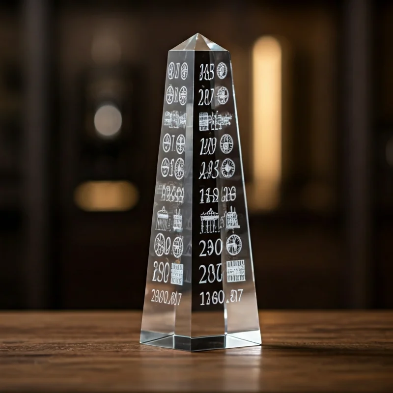 Crystal obelisk with multiple small laser engravings of travel icons and dates on its faces