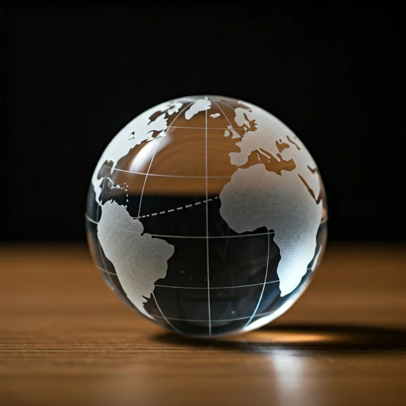 Crystal globe with laser engraved world map and a highlighted travel route