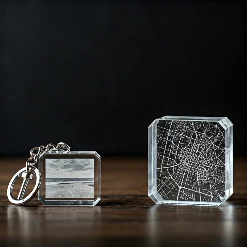 A small crystal keychain with a 2D engraved photo of a beach and a crystal paperweight with a map of a city