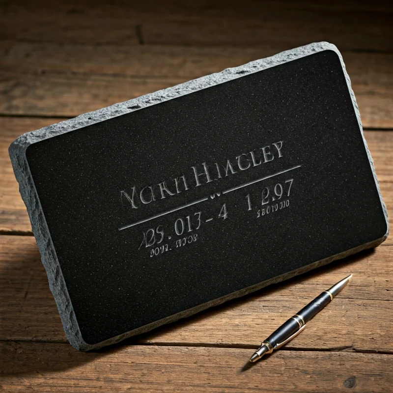 Polished black granite memorial stone with laser engraved name and dates.