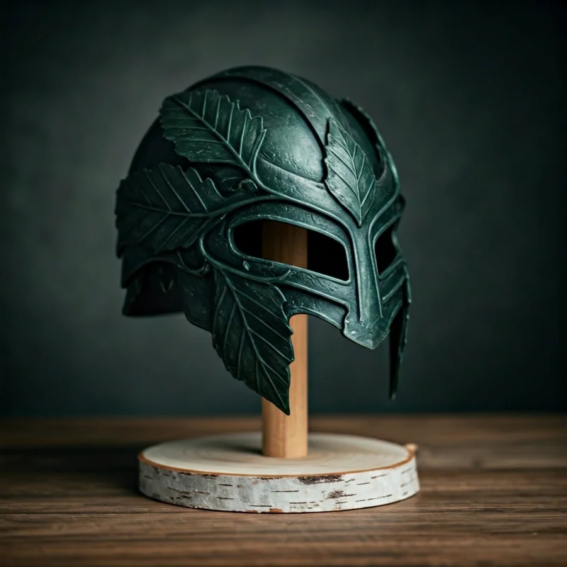 Custom birch wood display stand cradling a dark green fantasy helmet with leaf details.