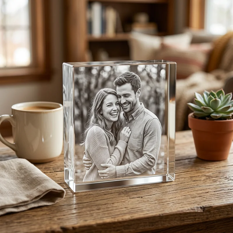 3D laser engraved crystal block displaying a dual couple portrait with high detail