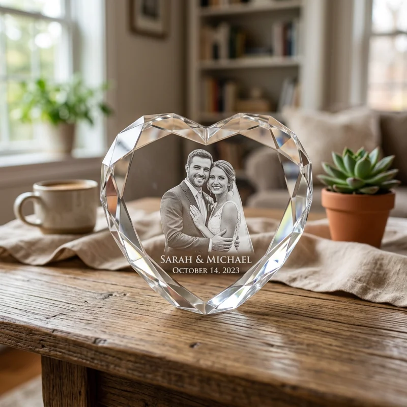 Faceted heart crystal memorial with engraved couple and wedding date