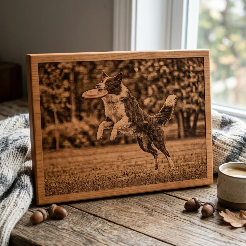 Laser engraved photo of a dog catching a frisbee in mid-air on cherry wood