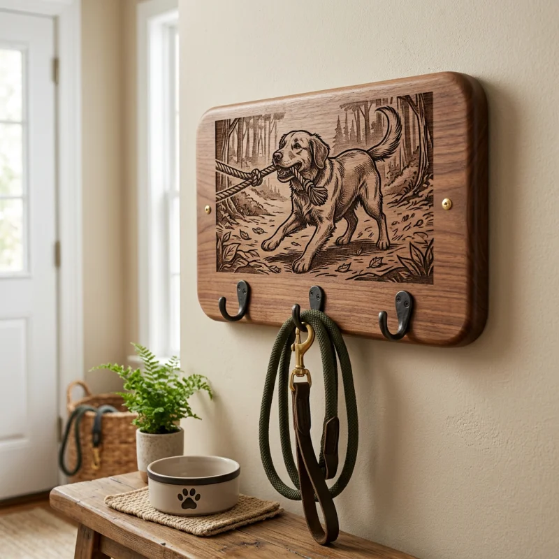 Laser engraved wooden leash holder showing a dog playing tug of war