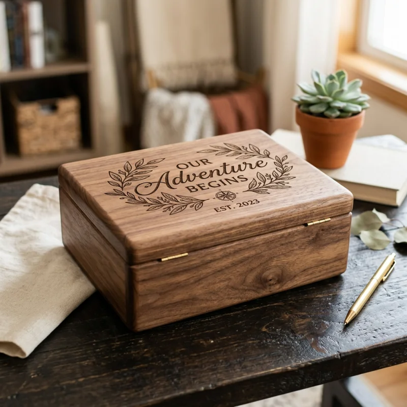 Custom laser engraved wooden keepsake box sitting on a dark tabletop surface