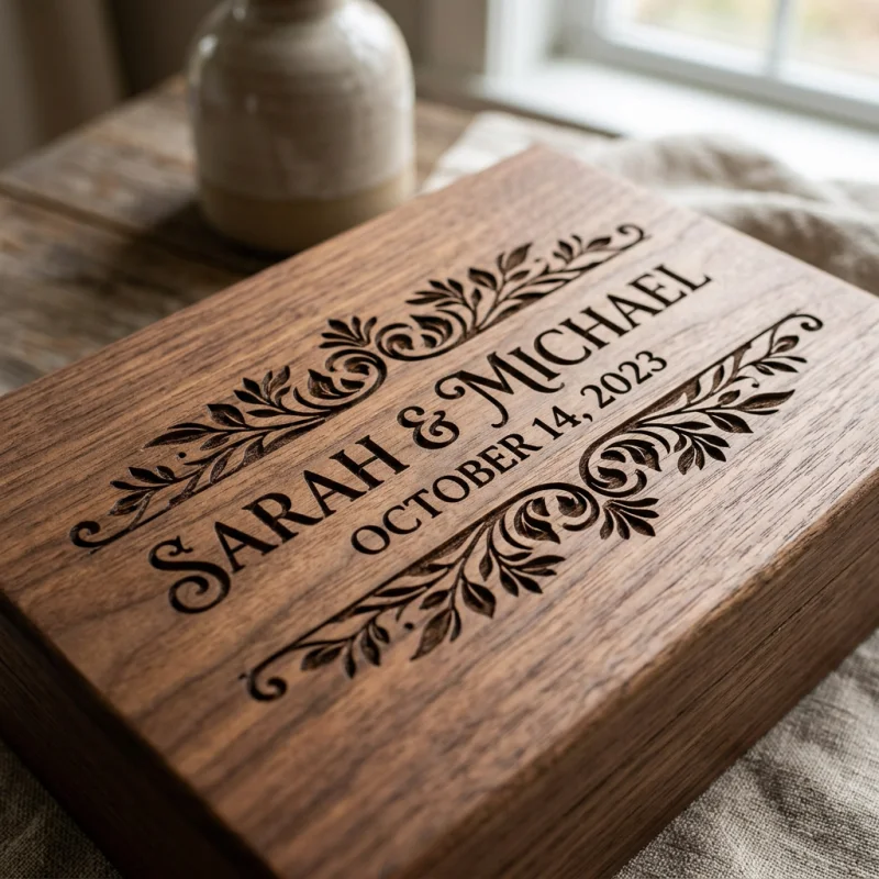 Close up detail of custom engraved wooden box lid depth