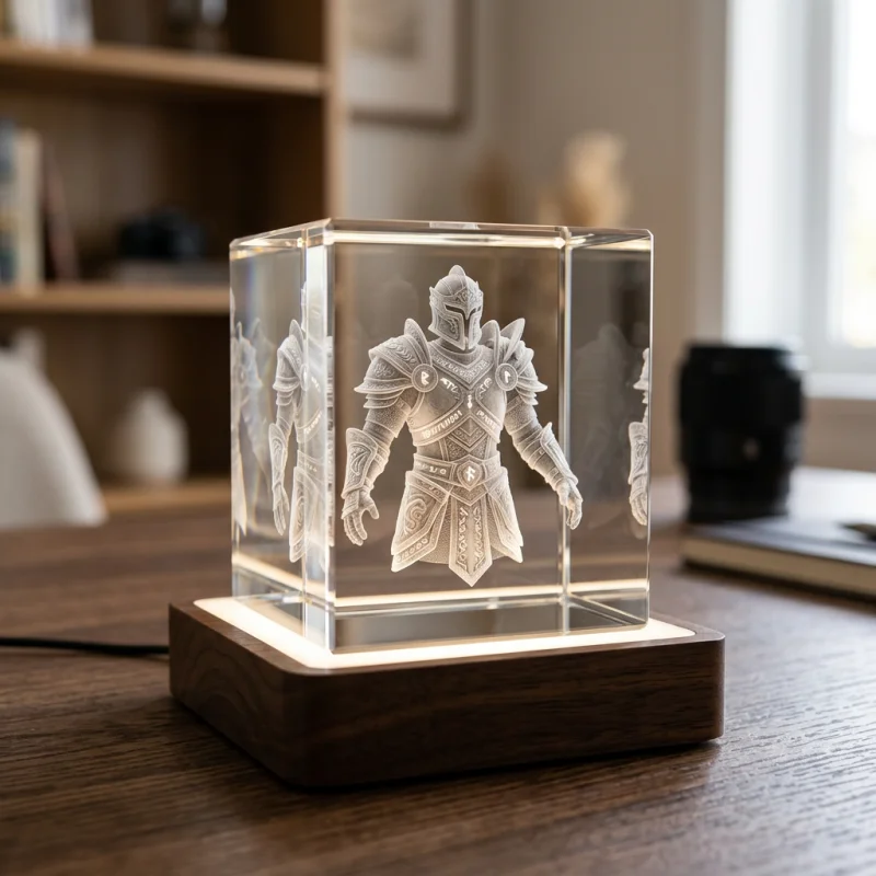 Sub-surface laser etched K9 optical crystal cube showing a 3D cosplay armor render resting on an LED base