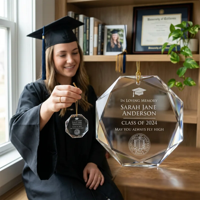 Laser-etched optical crystal ornament with polished bevel edges displaying a graduation memorial inscription