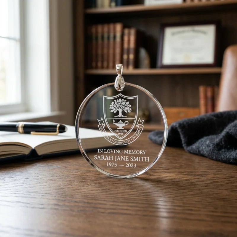 Circular laser-etched optical crystal medallion engraved with a school crest and memorial date