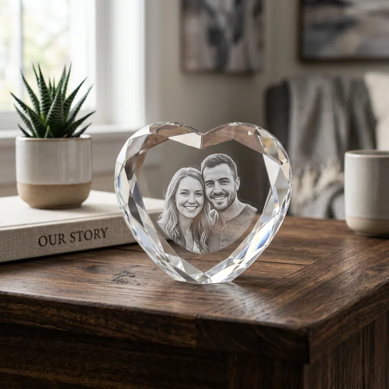 Faceted heart K9 optical crystal engraved with a 3D portrait sitting on a dark wooden surface