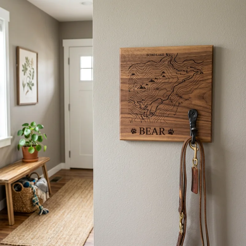 Laser engraved walnut wood leash holder with custom trail map and iron hook hanging on hallway wall
