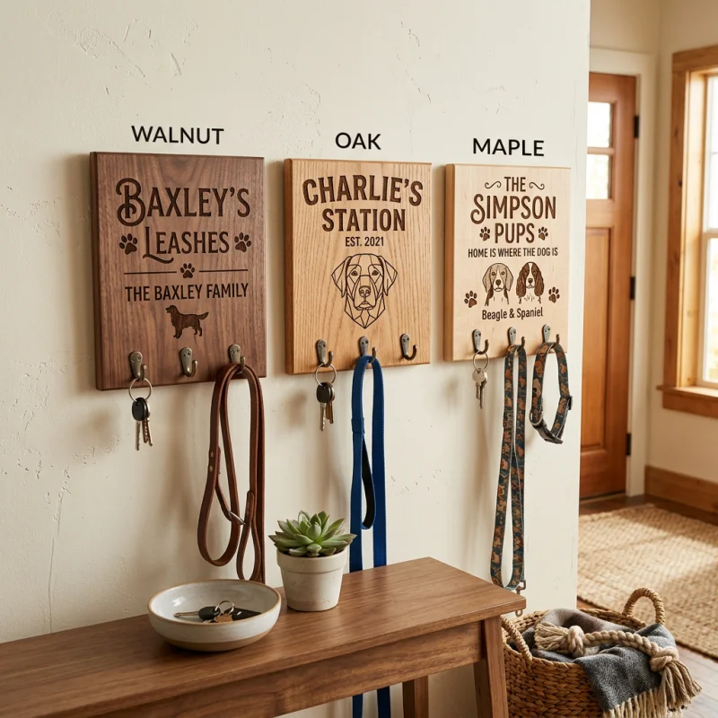 Collection of customized wooden leash holder boards in walnut oak and maple with engraved details