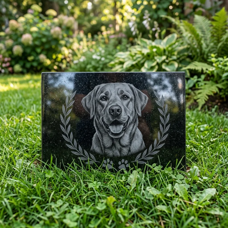 Black polished granite stone etched with a dog portrait resting in a green lawn bed