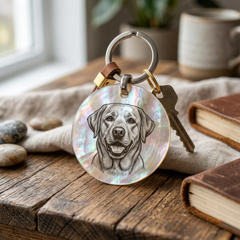 Tag kalung anjing ukir laser kustom dengan potret anjing pada lempengan kerang mutiara berkilau