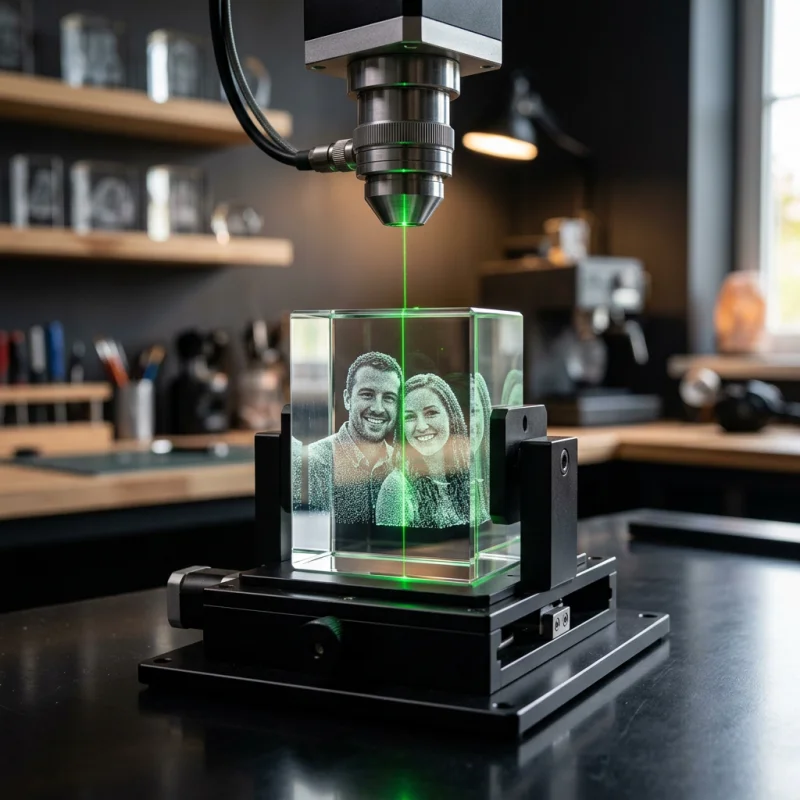 Laser beam creating subsurface 3D point cloud inside clear K9 optical crystal block