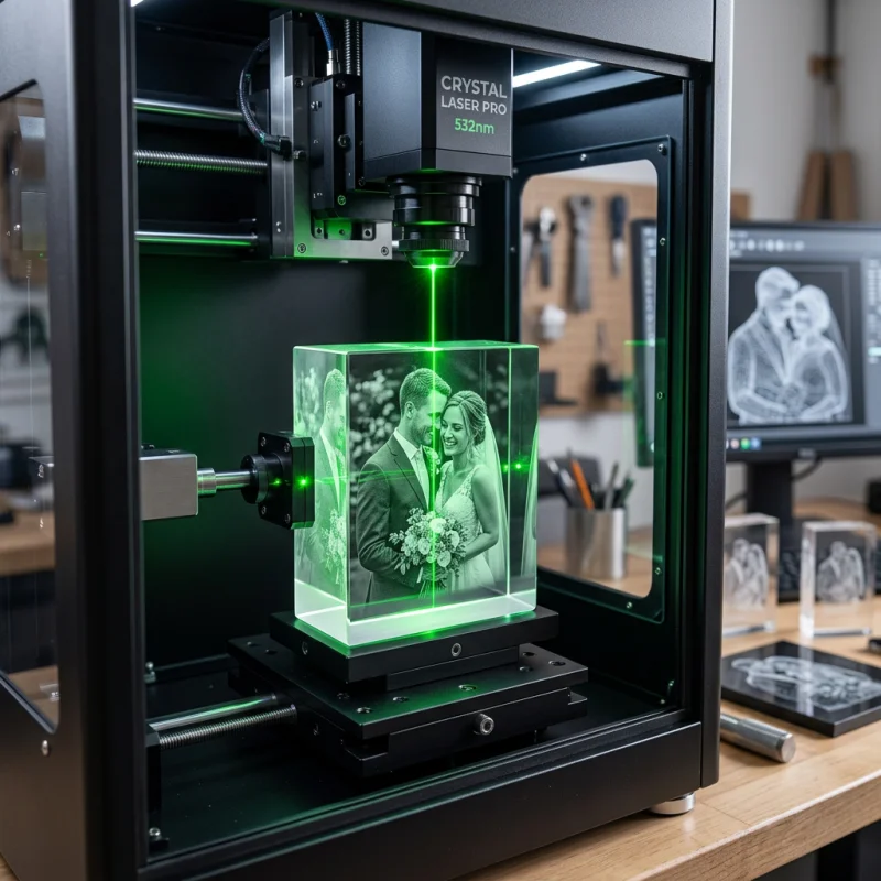 Green diode 532nm laser system engraving a wedding portrait inside a solid crystal block