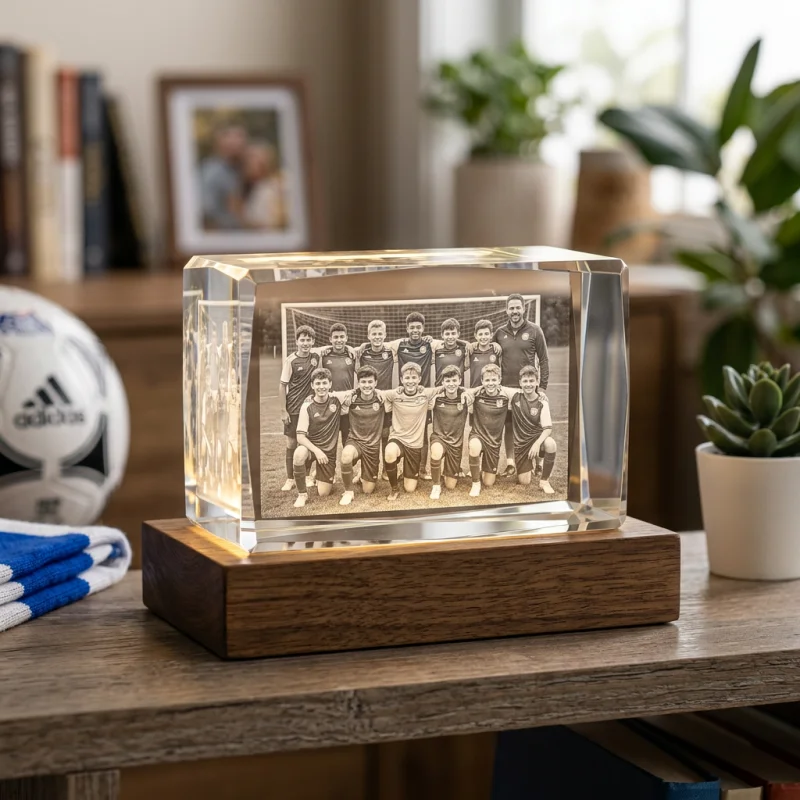 Bloc en cristal optique K9 gravé en 3D sur socle en bois lumineux présentant la photo d'une équipe de football U14