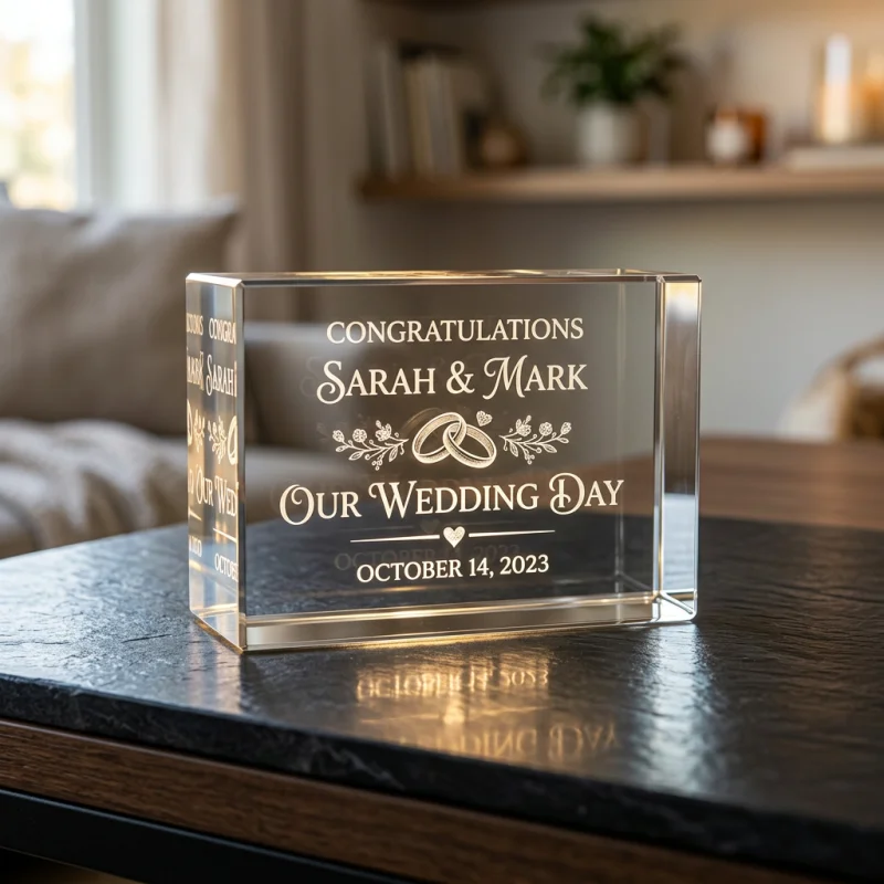 Laser engraved crystal block reflecting light on a dark display surface