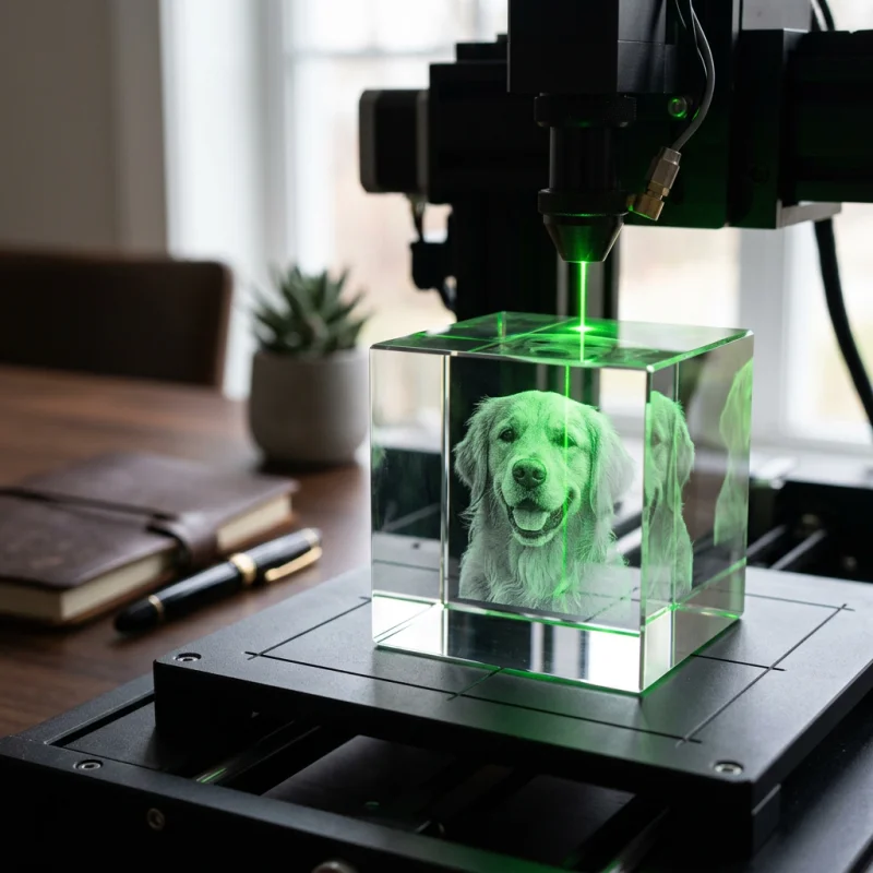 Grüner Laser graviert ein detailliertes 3D-Hundeportrait in einen transparenten Kristallglasblock